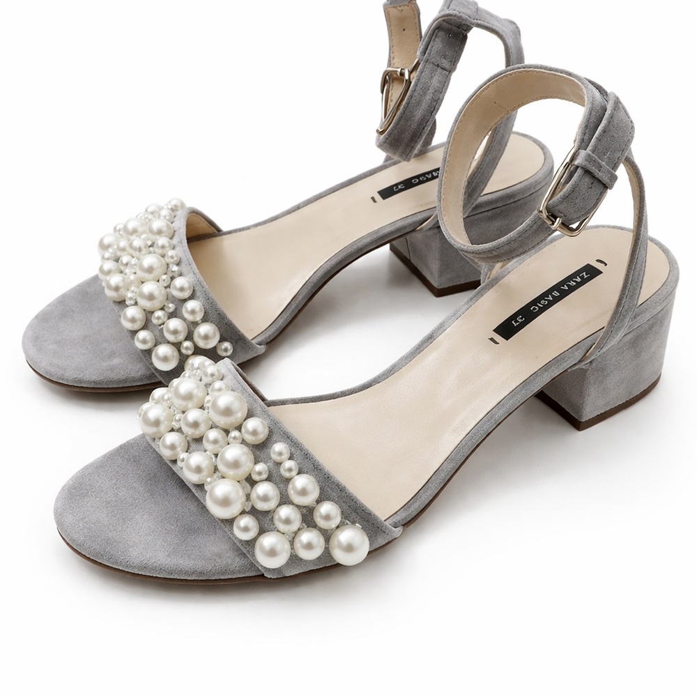 Vintage Zara Women’s Velvet Sandals With Pearls Grey 1.5” Block Heel 37 EUR 7 US